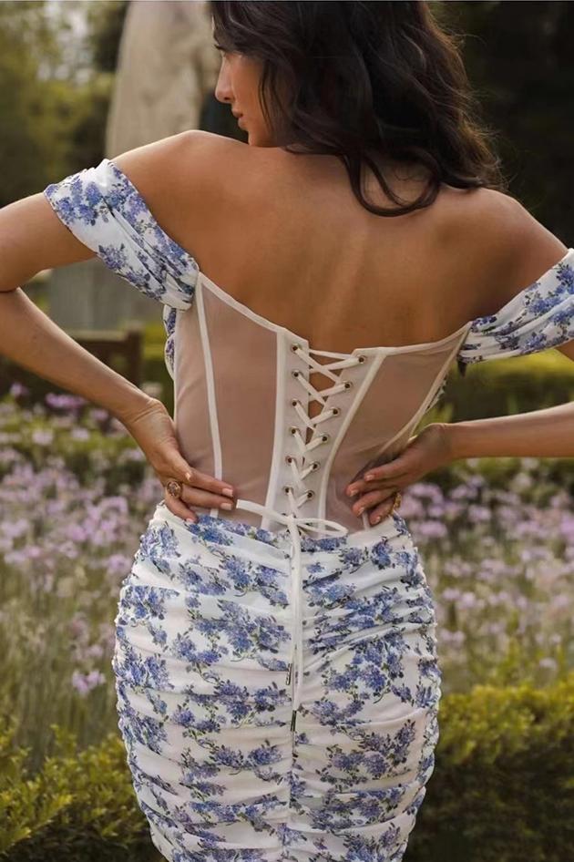 Odelette Baskılı Omuzu Açık Korse Mini Elbise