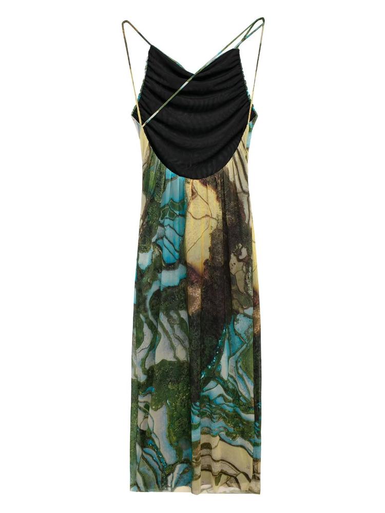 Eartha Baskılı Sırtı Açık Midi Slip Elbise