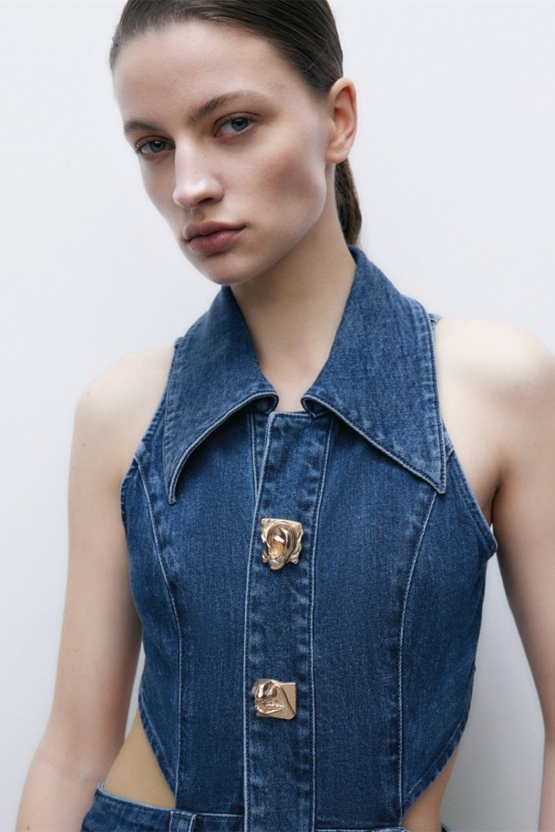 Regina Yaka Yaka Cut-Out Denim Maxi Elbise