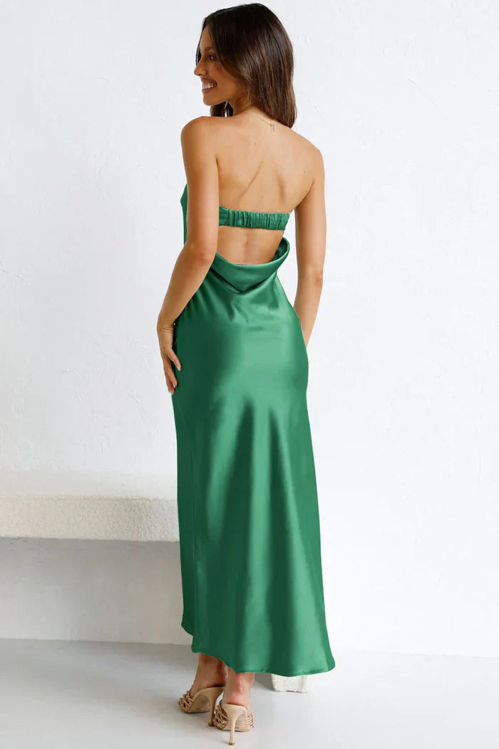 Saten Straplez Midi Elbise