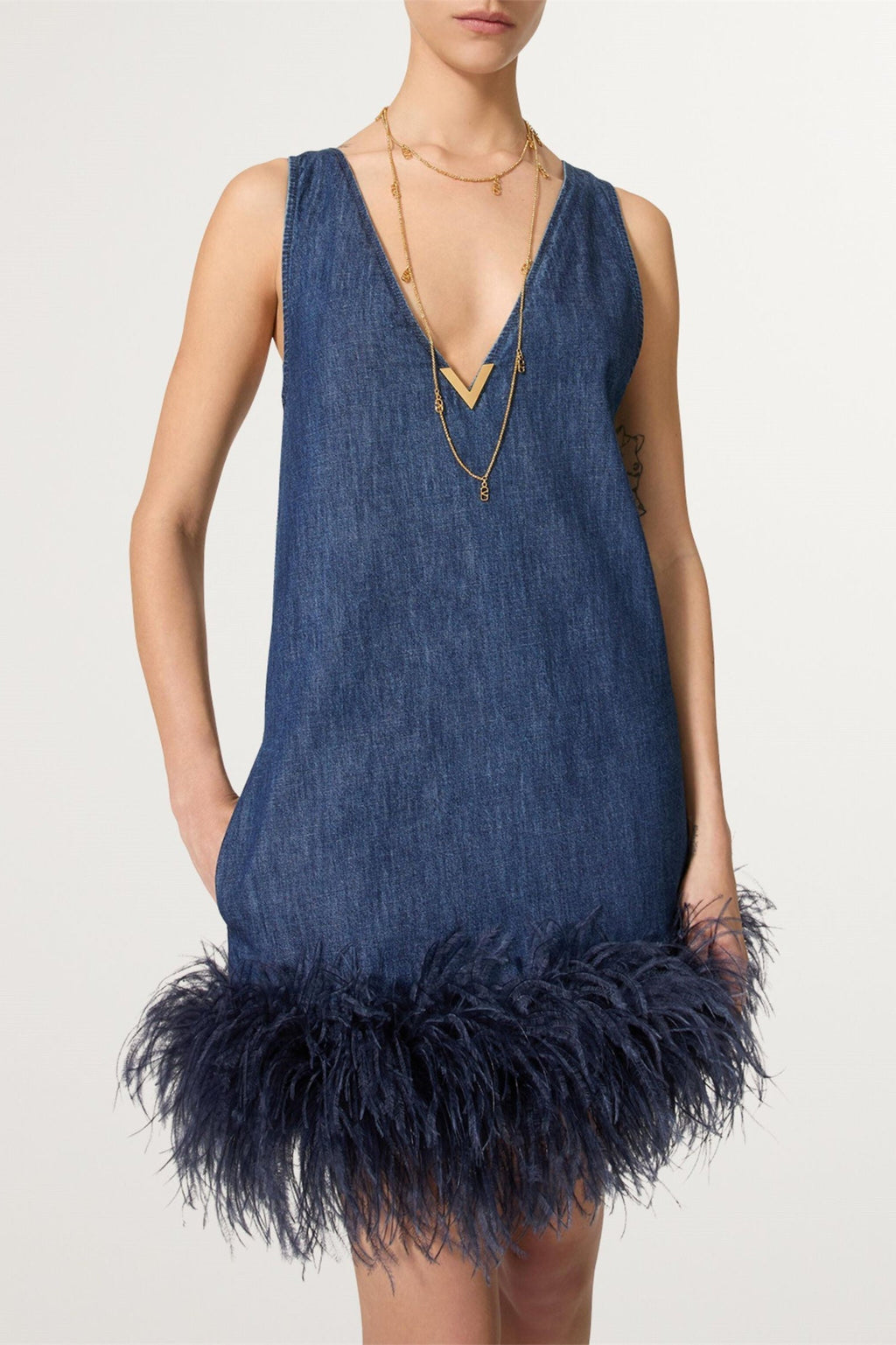 Tüy Detaylı Denim Mini Elbise Takım