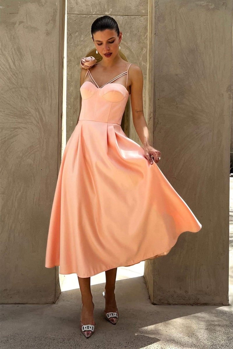 Veronica Çiçek Detaylı Korse Midi Slip Elbise