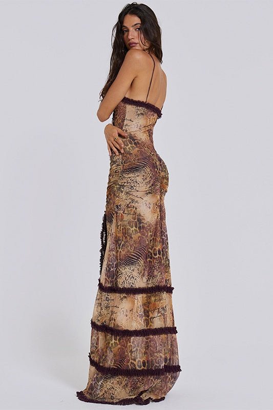 Yuri Baskılı Cut-Out Fırfırlı Slip Maxi Elbise